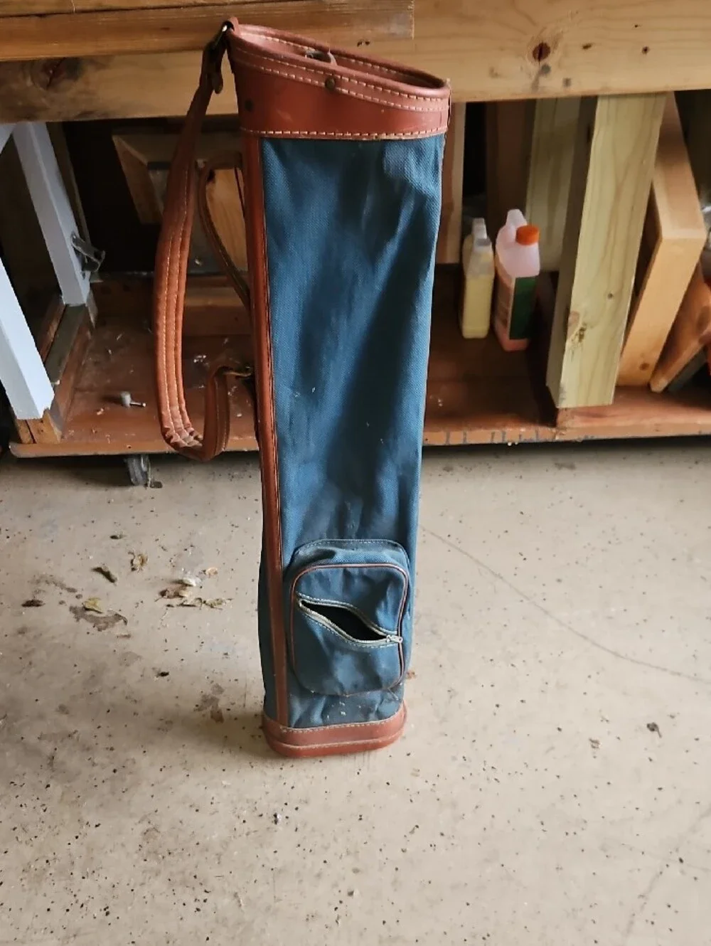 Green Canvas & Brown Leather Golf Club Carry Bag with Shoulder Strap